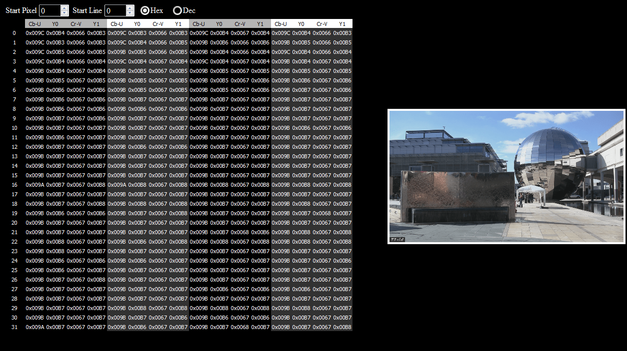Data view of the actual hex or decimal values of the pixels within the picture.  RGB 8/10 and YCbCr 8/10 supported, depending on the files internal colorspace